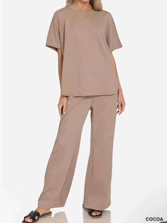 Zenana Outfitters Pants - Zenana Outfitters Cocoa Wide-Leg Pant & Short Sleeve Top Set
